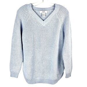 Magaschoni Light Blue V-Neck Knit Sweater Medium Acrylic Nylon Wool Blend VGUC